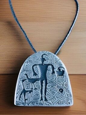 Pewter Shaman Petroglyph Cord Necklace Vintage 1998 Alice Seely Urban Fetishes